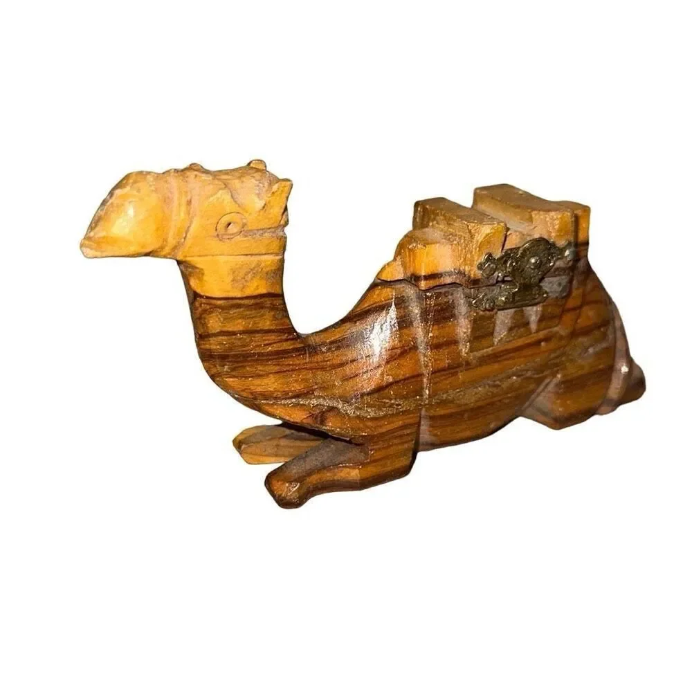Camel Figurine From Egypt hand carved olive wood trinket box vintage wooden